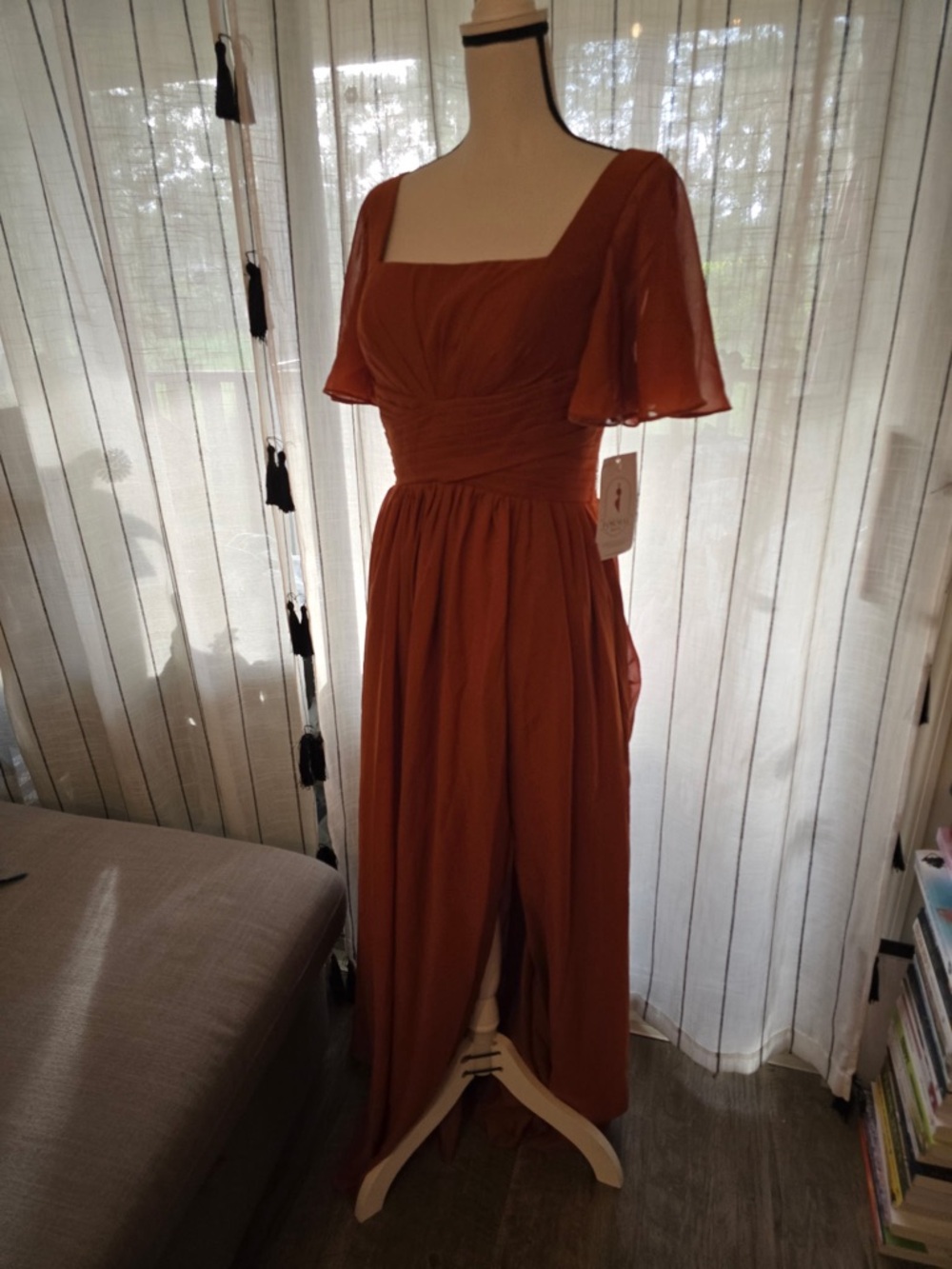 Square-Neck Maxi Dress in Burnt Orange with Flutter Sleeves